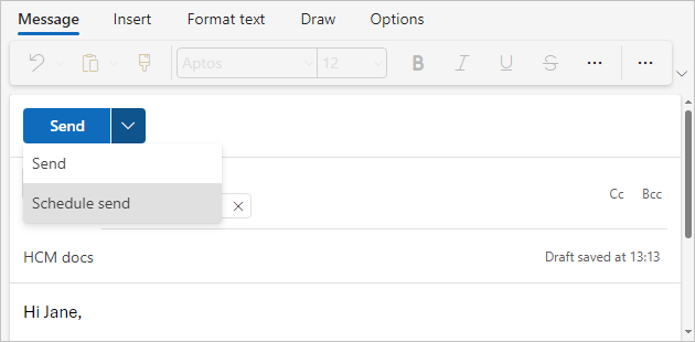 Schedule send in message Outlook for Web
