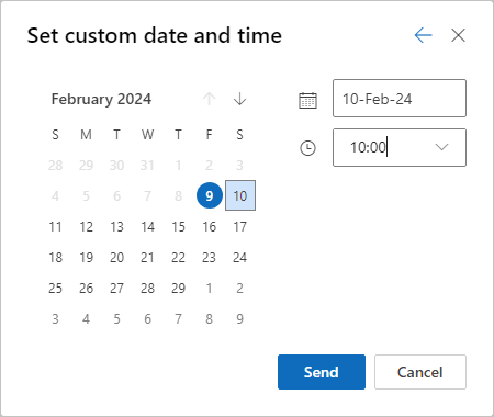 Set custom date and time dialog box in Outlook for Web
