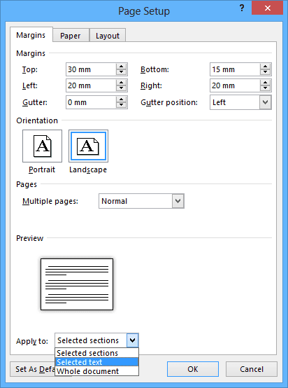 Page setup in Word 2013