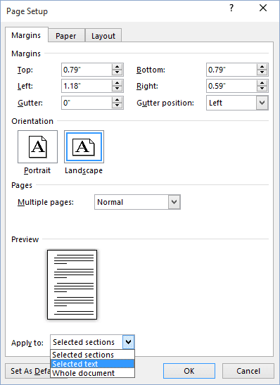 Page setup in Word 2016