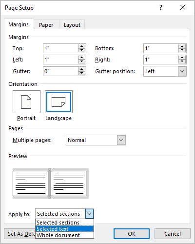 Page setup in Word 365