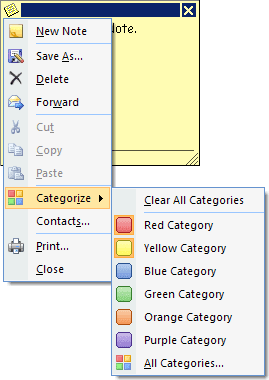 Notes popup menu in Outlook 2007