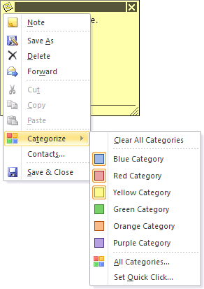 Notes popup menu in Outlook 2010