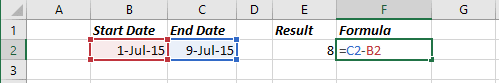 Number of days in Excel 2016