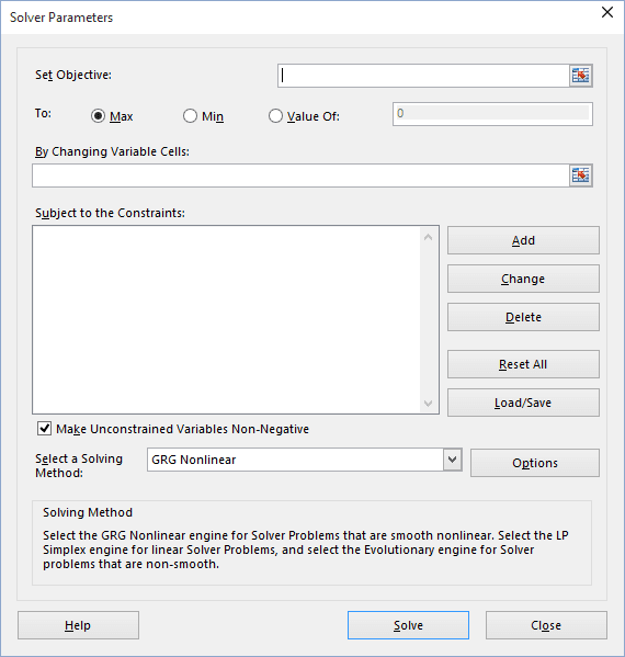 Solver Parameters in Excel 2016