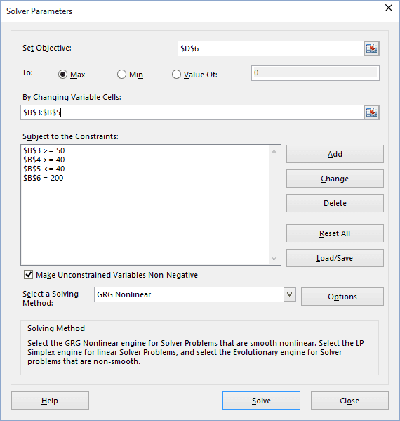 All Constraints in Excel 2016 