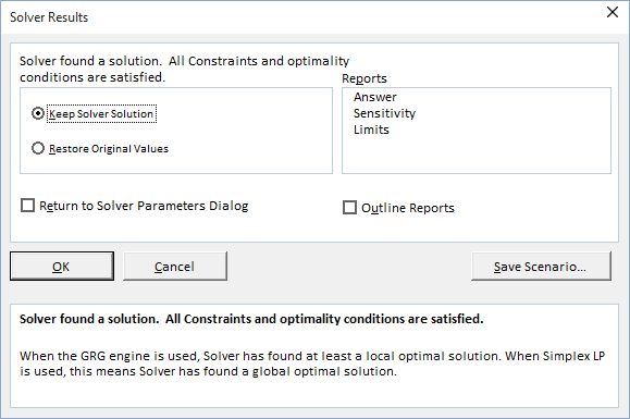 Solver Results in Excel 2016