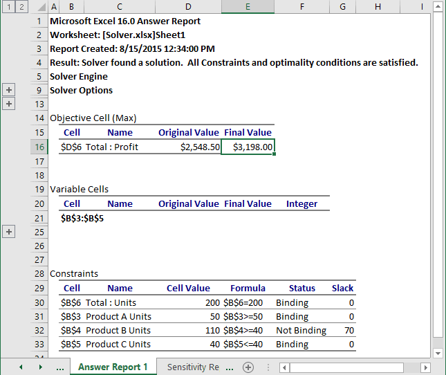 Results in Excel 2016