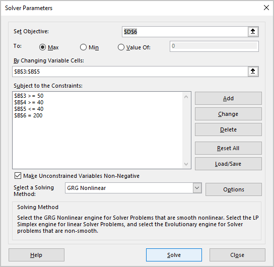 All Constraints in Excel 365 