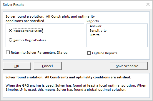 Solver Results in Excel 365