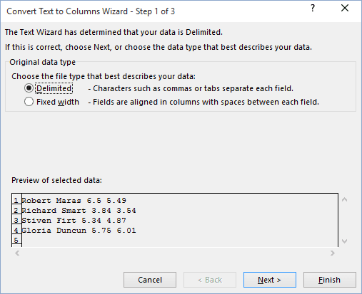 Convert text to columns in Excel 2016