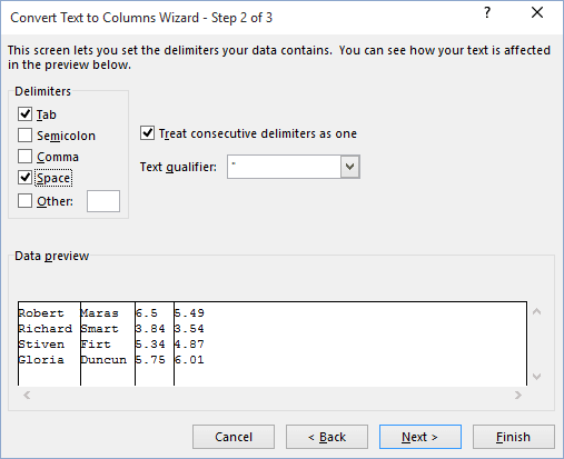 Convert text to columns in Excel 2016