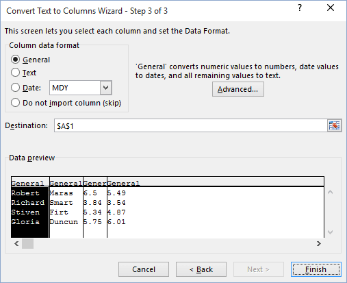 Convert text to columns in Excel 2016