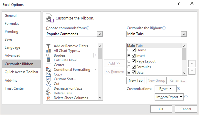 Customize the Ribbon in Excel 2016