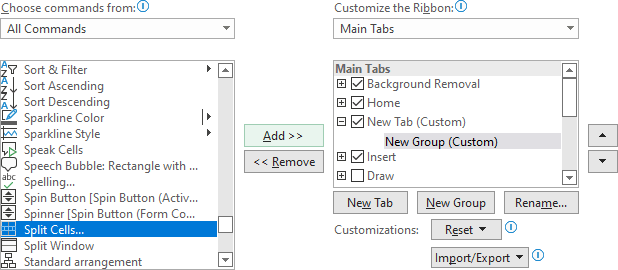 Add command in the group in Excel 365