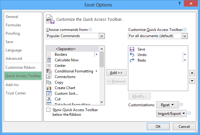 Excel 2013 Options