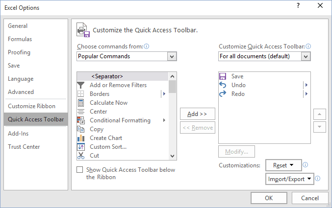 excel 2016 quick access toolbar gone