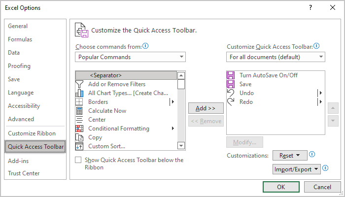 Excel 365 Options