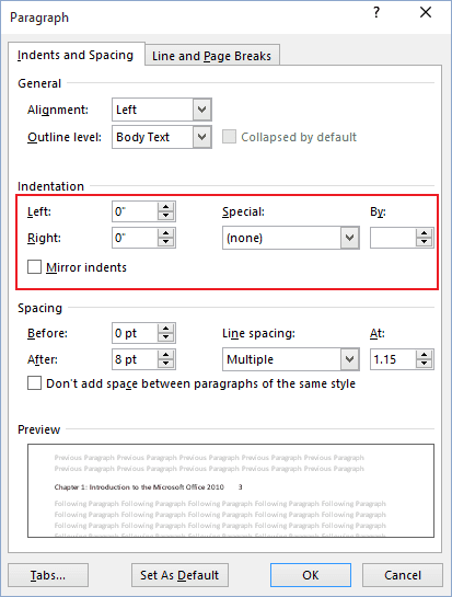 Indents in the Paragraph dialog box Word 2016