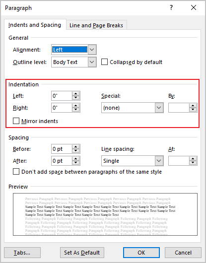 Indents in the Paragraph dialog box Word 365