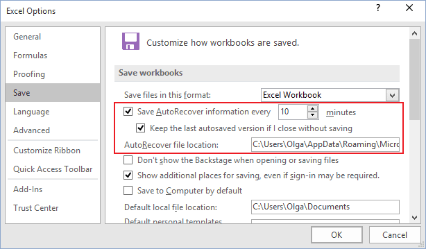 Save AutoRecover Excel 2016