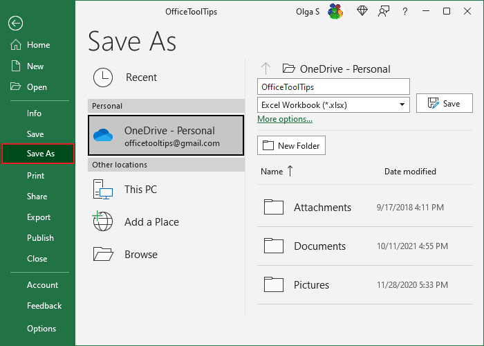 OneDrive on Save As pane in Excel 365