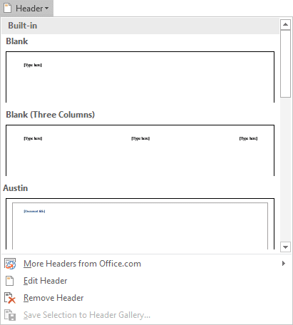 Header gallery in Word 2013