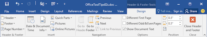 word 2016 header and footer flags