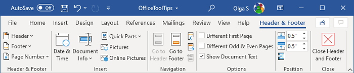 Header and Footer tab in Word for Microsoft 365 Header and Footer tab in Word 365