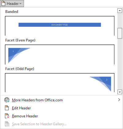 Header and Footer tab in Word 365