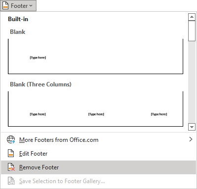 Remove Footer in the Header and Footer tab in Word 365
