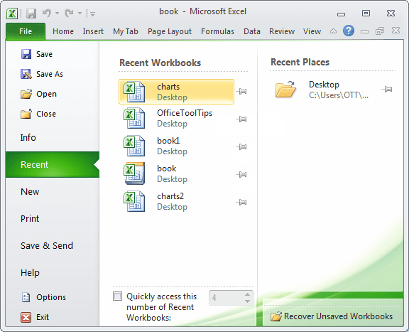 File Recent workbooks in Excel 2010