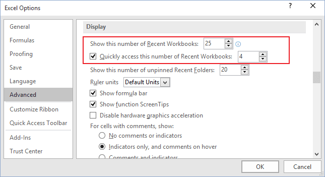 Advanced Excel 2016 Options Advanced Excel 2016 Options