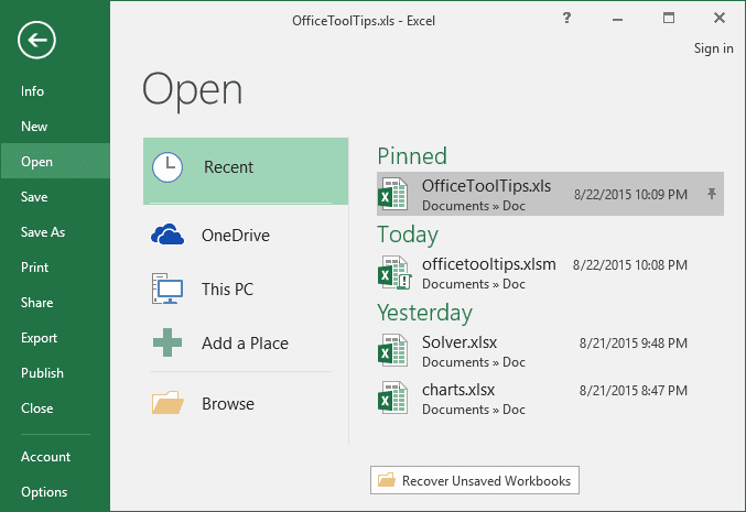 Pin the workbook in Excel 2016 Pin the workbook in Excel 2016