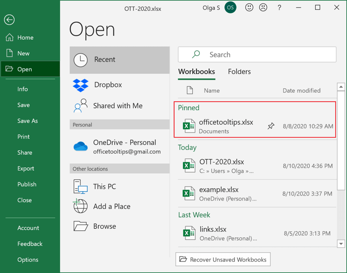 Pin the workbook in Excel for Microsoft 365 Pin the workbook in Excel 2013