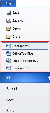 Recent documents in Word 2010