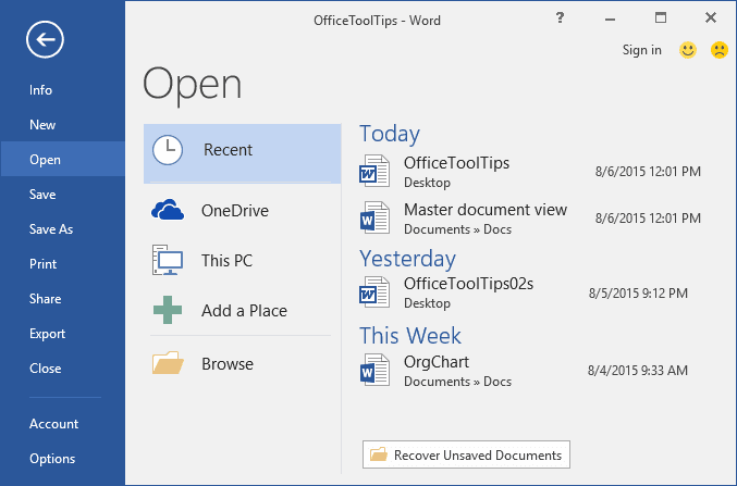 File Recent documents in Word 2016