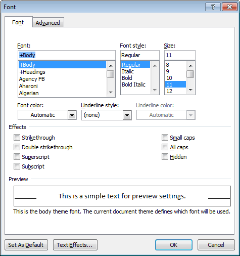 Font in Word 2010