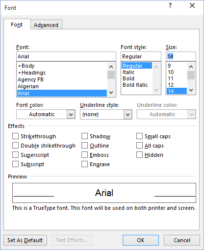 Font in Word 2016