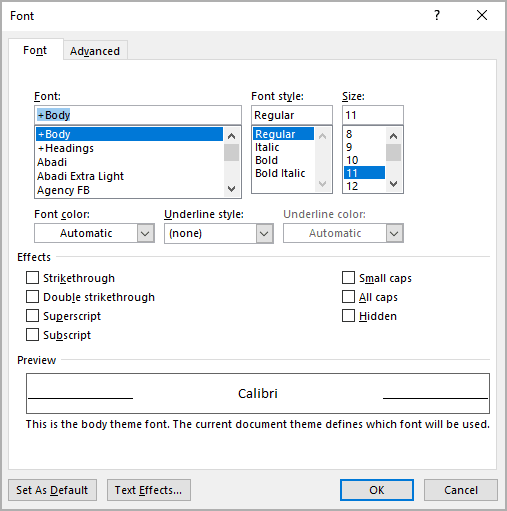 Font in Word 365