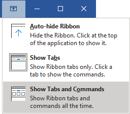 Ribbon displays options Word 365