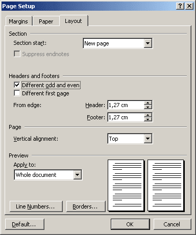 page setup Word 2003