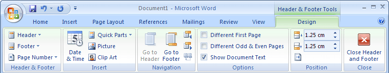 Header and Footer Tools in Word 2007
