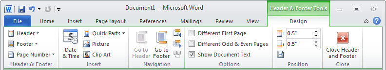 Header and Footer Tools in Word 2010