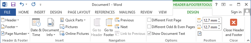 Header and Footer Tools in Word 2013