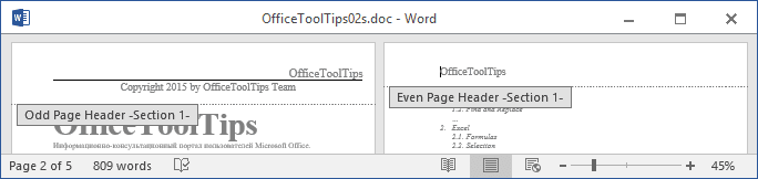 Example of different headers and footers on odd and even pages Word 2016