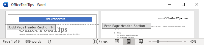 Example of different headers and footers on odd and even pages Word 365