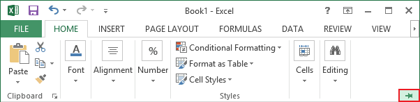 Expand Minimized Ribbon button Excel 2013