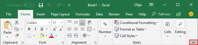 Minimize Ribbon button Excel 2016