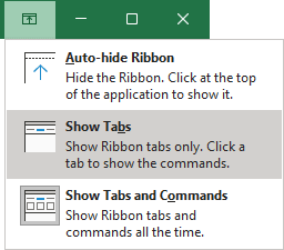 Ribbon displays options Excel 365